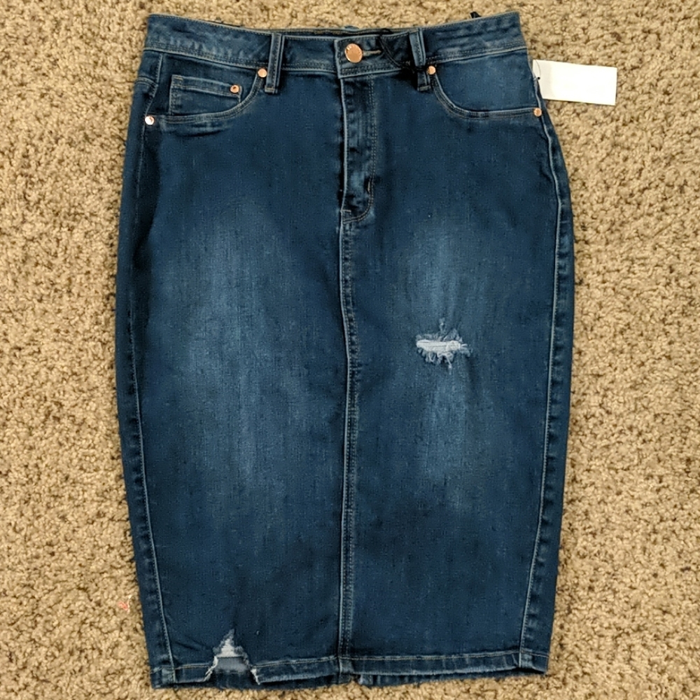 Distressed High-Waist Denim Pencil Skirt